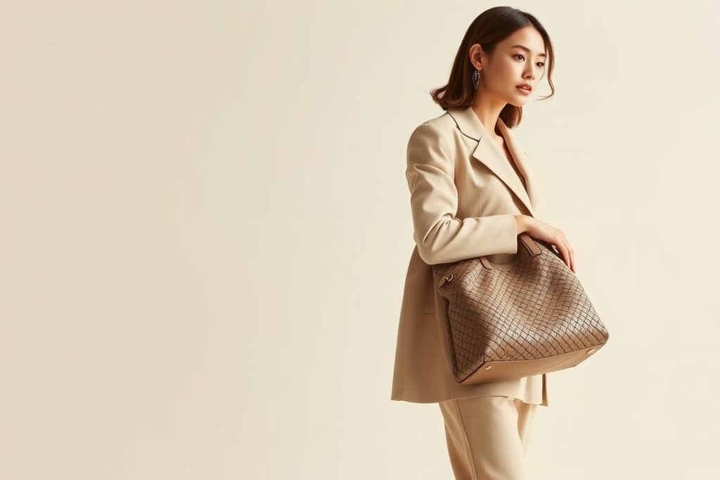 Woman styling Bottega Veneta Jodie with monochromatic outfit - Top 10 Luxury Women's Shoulder Bags of 2025 Woman styling Bottega Veneta Jodie with monochromatic outfit - Top 10 Luxury Women's Shoulder Bags of 2025